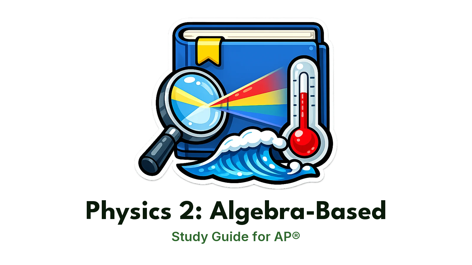 AP® Physics 2: Algebra-Based study guide: illustration of a lens bending light, a thermometer and a wave in front of a study booklet