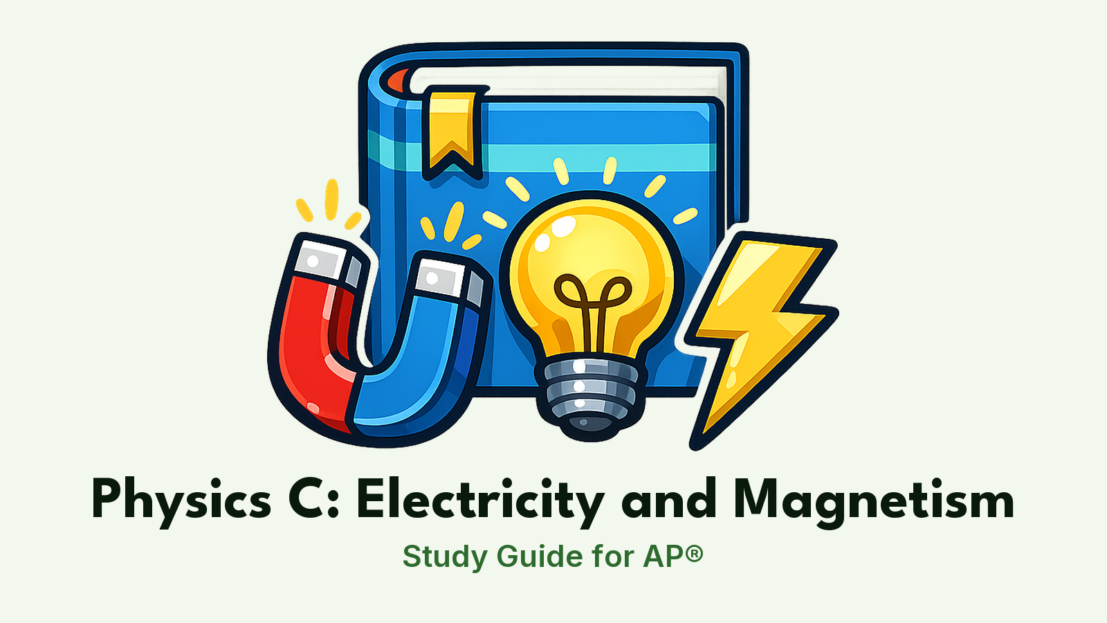 AP® Physics C: Electricity and Magnetism study guide: illustration of a magnet, a light bulb and a lightning bolt in front of a study booklet