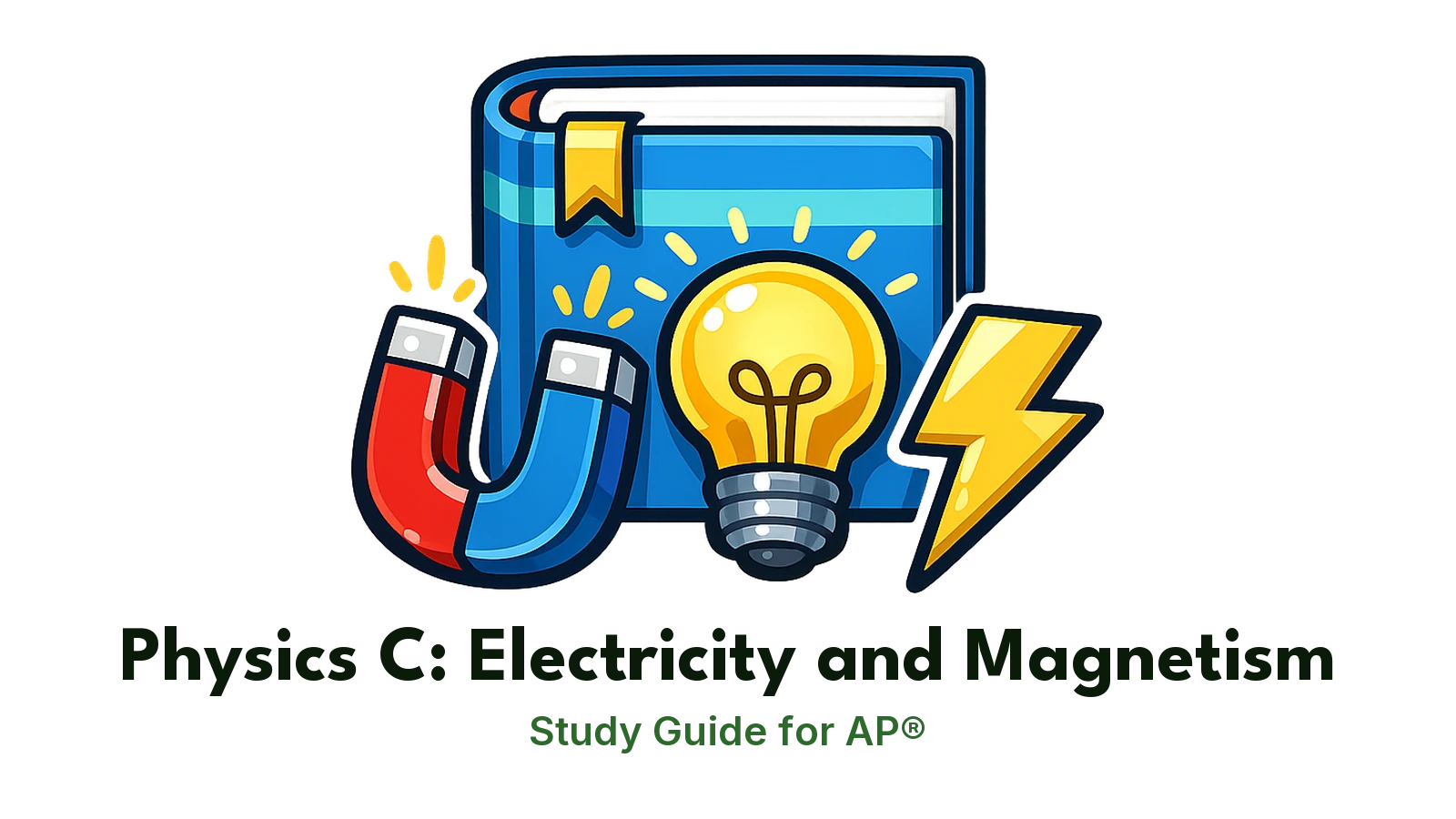 AP® Physics C: Electricity and Magnetism study guide: illustration of a magnet, a light bulb and a lightning bolt in front of a study booklet