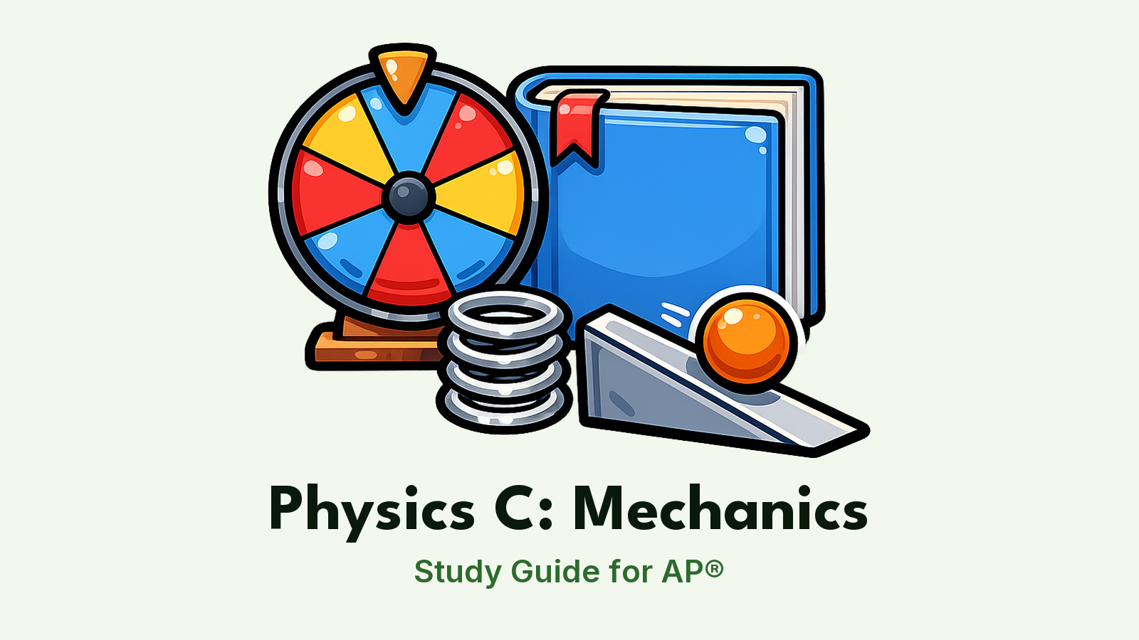 AP® Physics C: Mechanics study guide: illustration of a wheel, a spring and a ball on a ramp in front of a study booklet