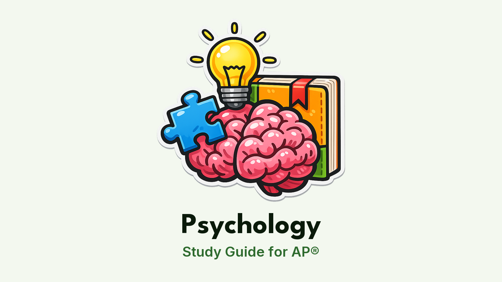 AP® Psychology study guide: illustration of a brain, a light bulb and a puzzle piece in front of a study booklet