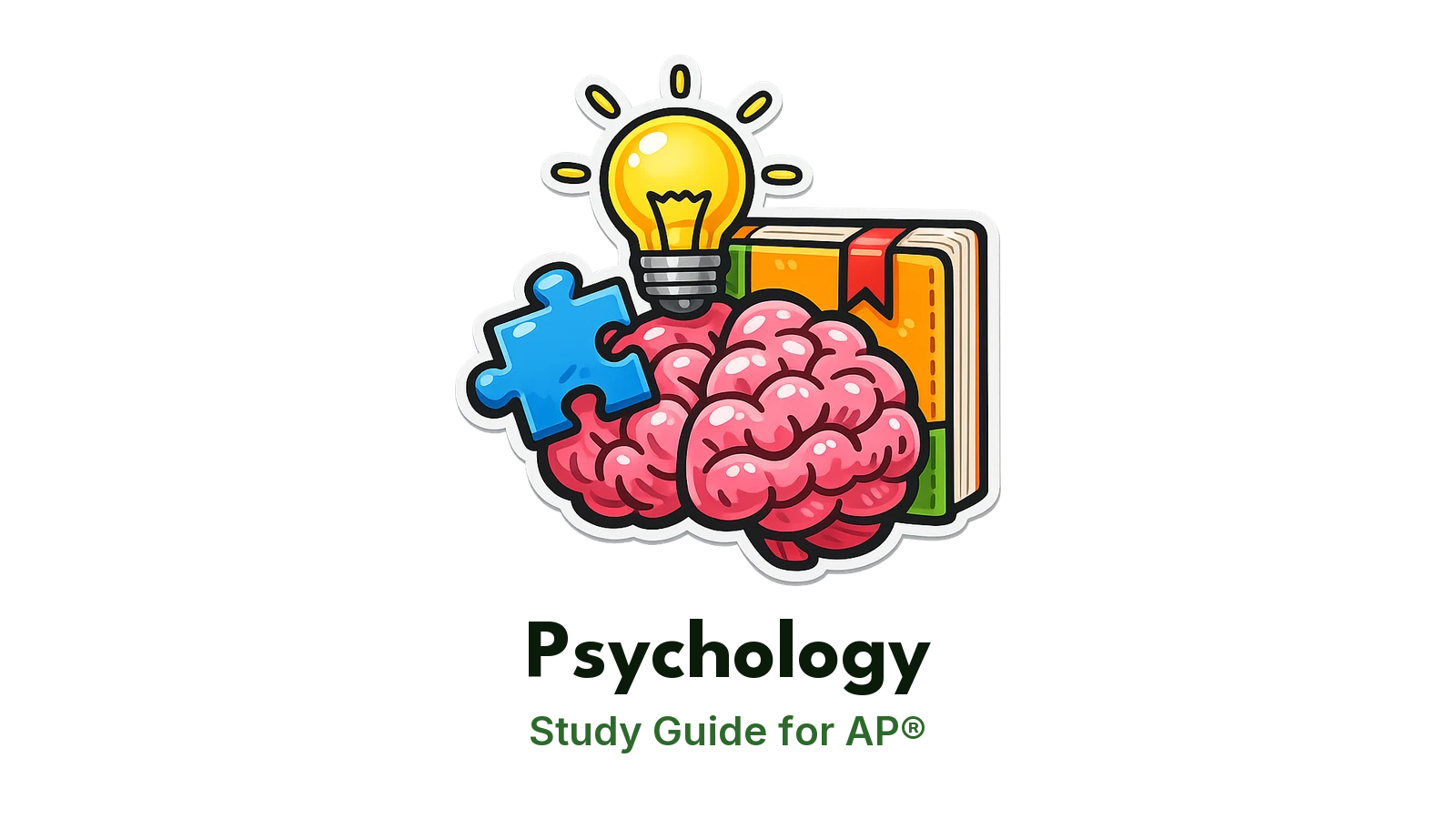 AP® Psychology study guide: illustration of a brain, a light bulb and a puzzle piece in front of a study booklet