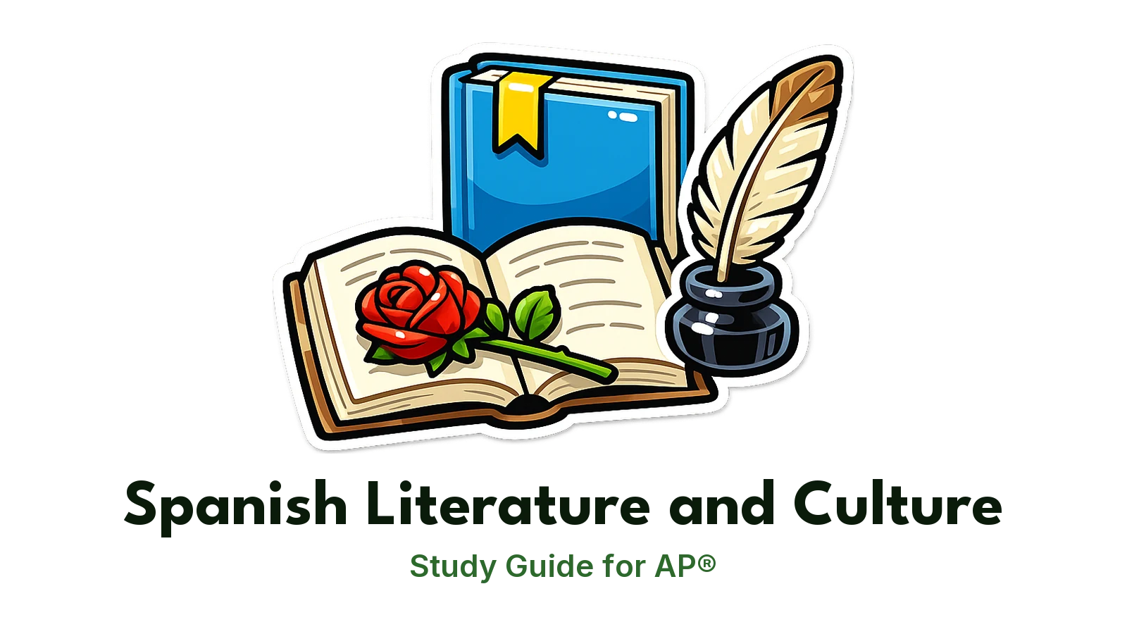 AP® Spanish Literature and Culture study guide: illustration of an open book with a rose and a quill in front of a study booklet