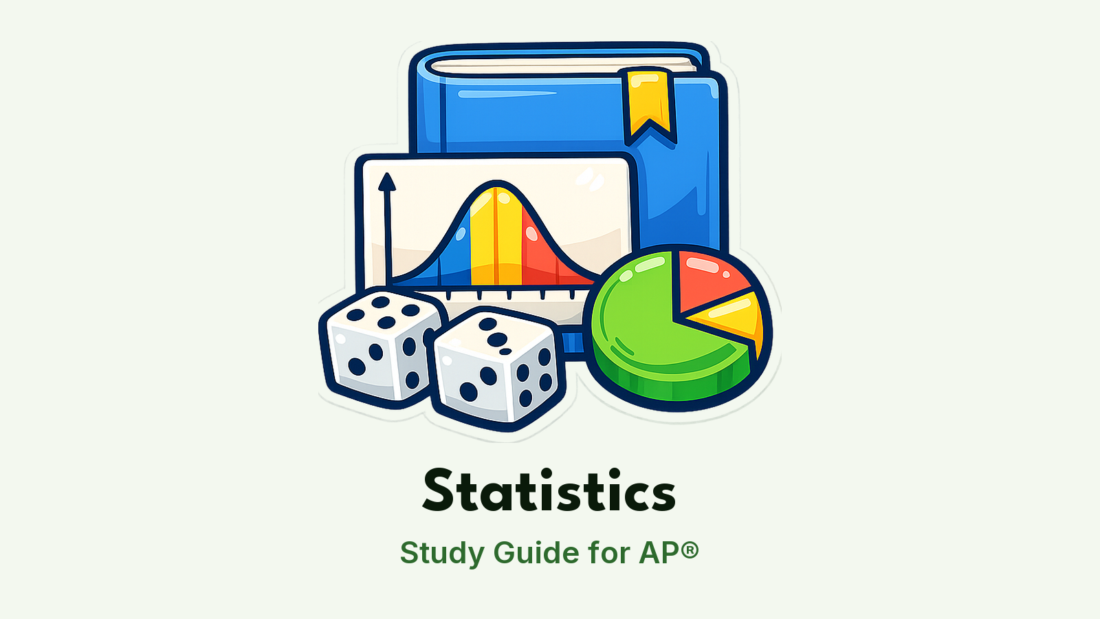 AP® Statistics study guide: illustration of a bell curve, dice and a pie chart in front of a study booklet