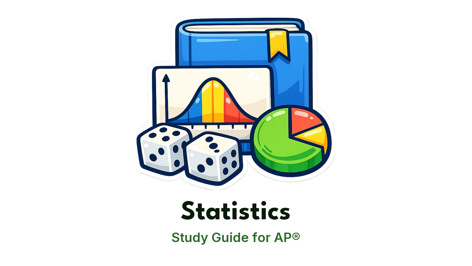 AP® Statistics study guide: illustration of a bell curve, dice and a pie chart in front of a study booklet