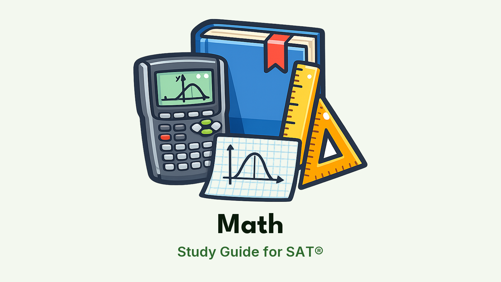 SAT® Math study guide: illustration of a calculator, a ruler, a triangle and a parabola in front of a study booklet