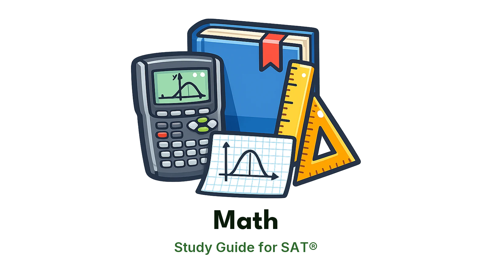 SAT® Math study guide: illustration of a calculator, a ruler, a triangle and a parabola in front of a study booklet