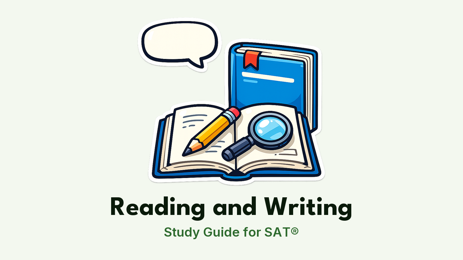 SAT® Reading and Writing study guide: illustration of an open book, a pencil and a magnifying glass in front of a study booklet