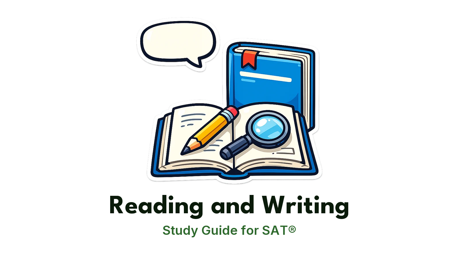 SAT® Reading and Writing study guide: illustration of an open book, a pencil and a magnifying glass in front of a study booklet